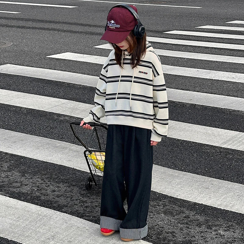 女童条纹卫衣套装2025新款儿童洋气韩版宽松连帽卫衣两件套中大童