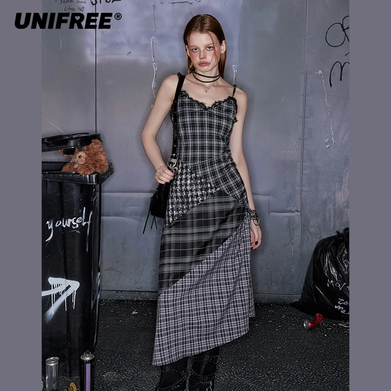 【明星同款】UNIFREE格子拼接吊带裙复古褶皱收腰百搭长款连衣裙
