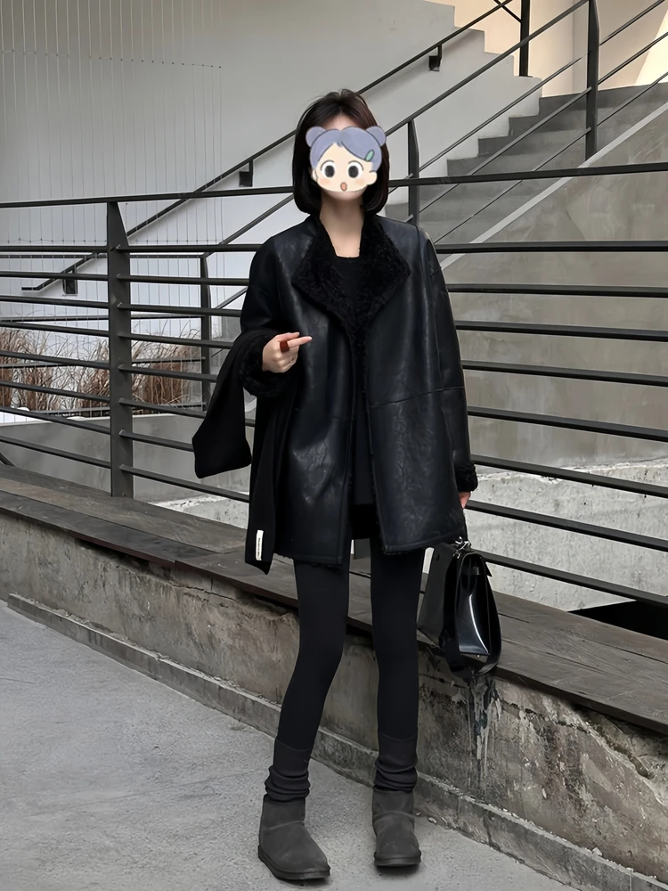韩系穿搭外套女冬2025新款黑色保暖百搭减龄厚款皮衣时尚减龄穿搭