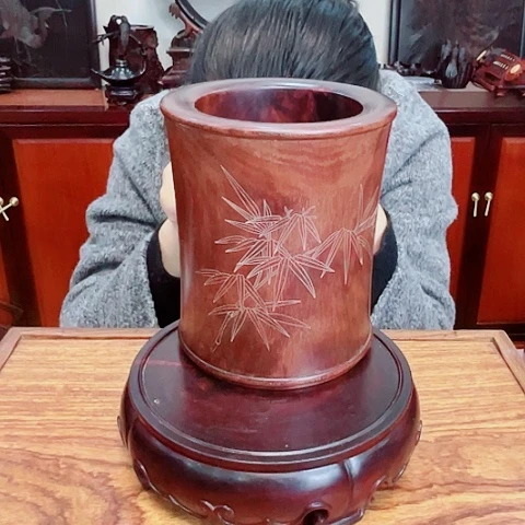 染料紫檀（血檀）赞比亚紫檀嵌银丝笔筒