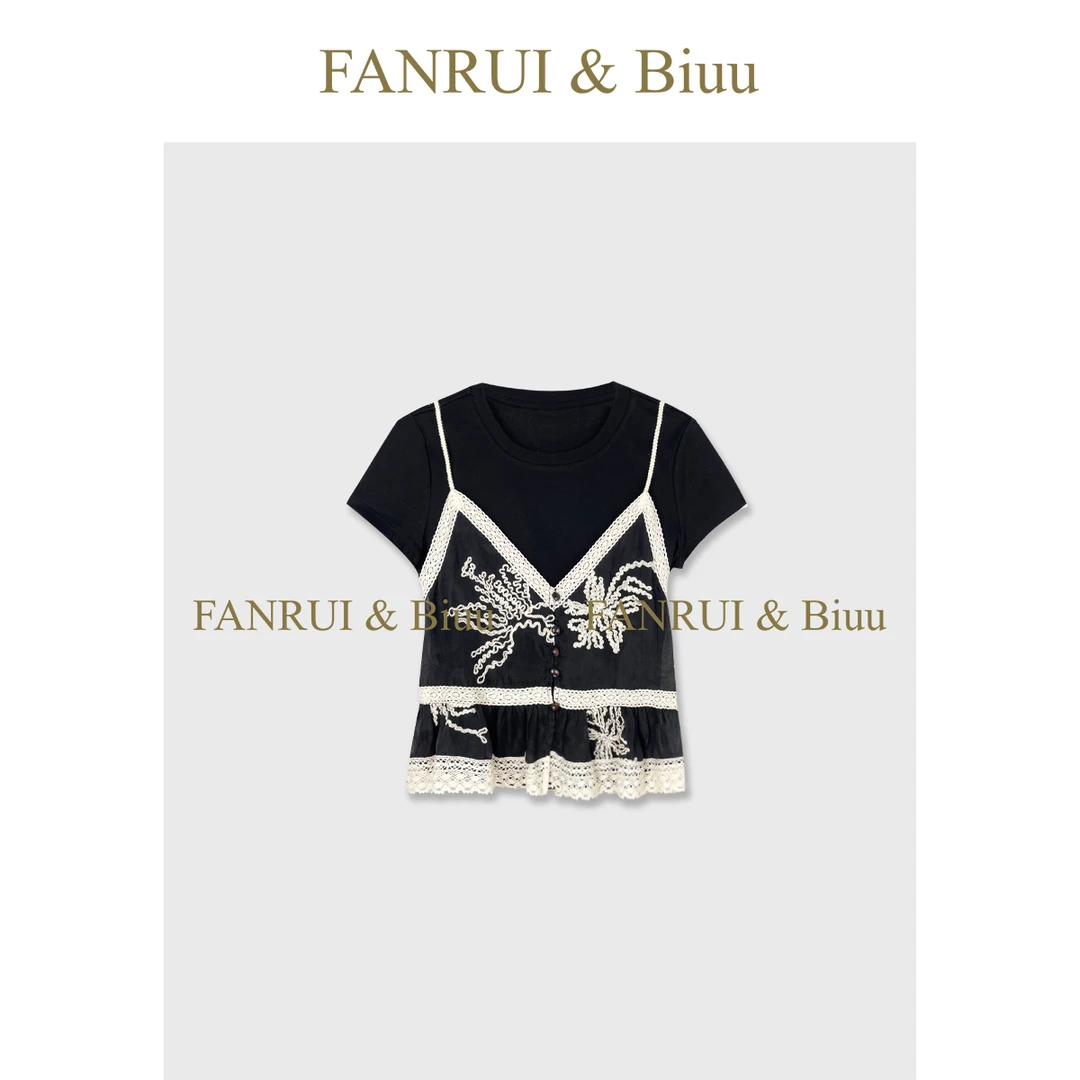 FANRUI/泛芮「彼岸花开」轻奢感重工刺绣蕾丝吊带女t恤两件套B16310