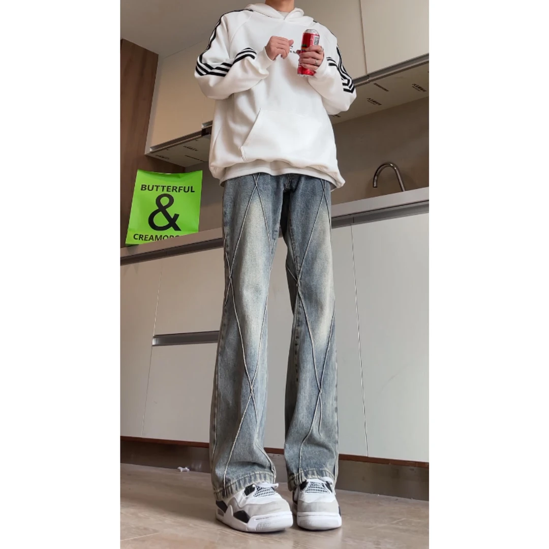 美式复古蓝色分割解构牛仔裤男款痞帅高级感水洗裤子直筒微喇长裤