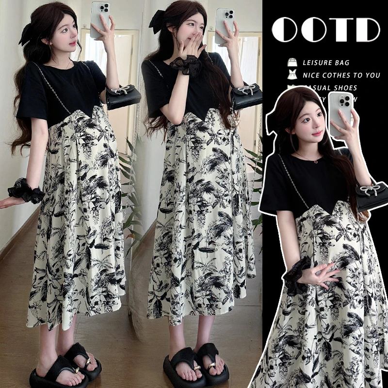 时髦孕妇装夏季遮肚显瘦小心机链条撞色气质时尚款吊带碎花连衣裙