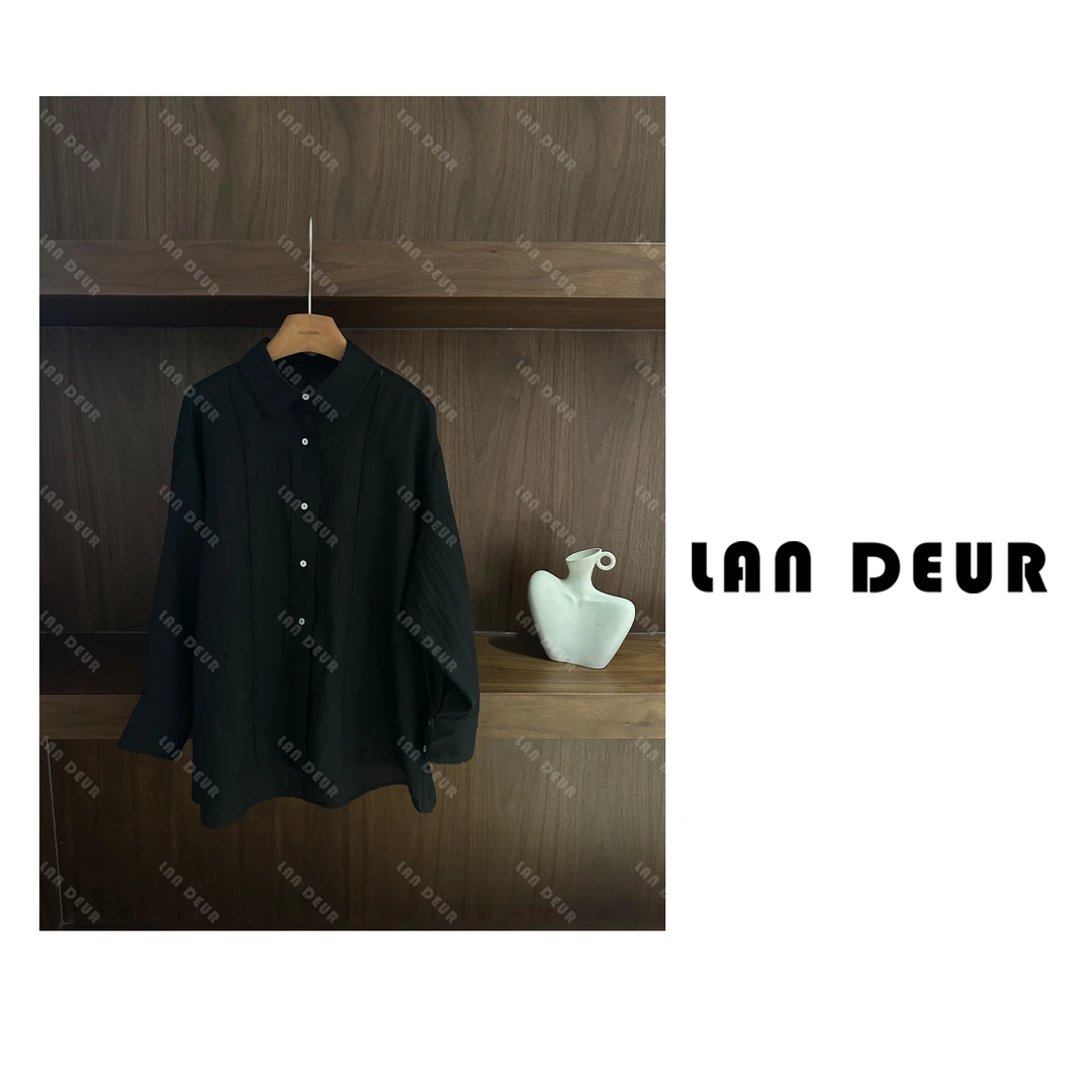 【日落甜茶】锦纶亚麻极简老钱风气质黑色镂空中长款上衣女防晒