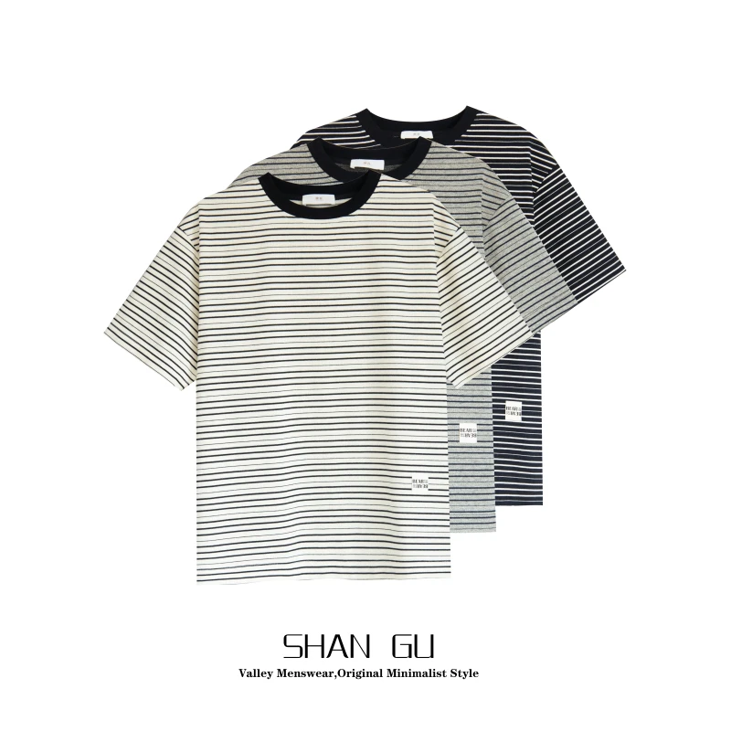 【山谷99712】夏季新款 条纹短袖圆领T恤重磅领口情侣宽松百搭上衣