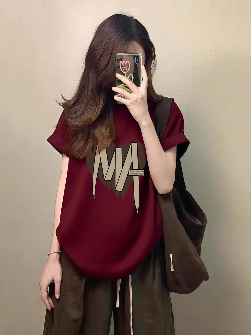 大码女装纯棉酒红色短袖t恤女款爆款2025新款宽松爱心印花上衣服
