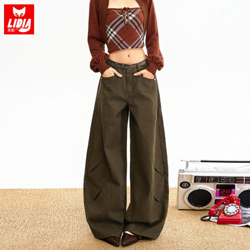 棕咖色柳钉弯刀阔腿牛仔裤2025秋冬高街口袋纽扣门襟宽松显瘦裤子