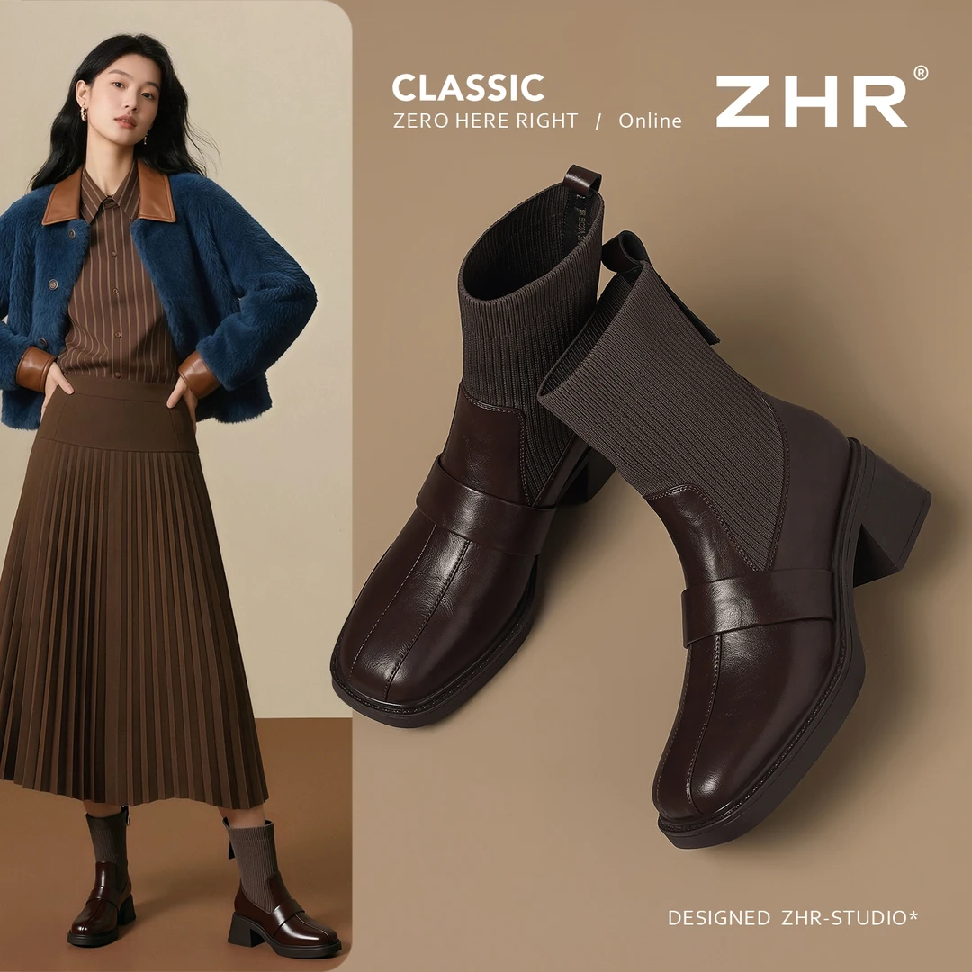 ZHR粗跟短靴女2025秋冬新款复古英伦马丁靴方头高跟弹力瘦瘦袜靴