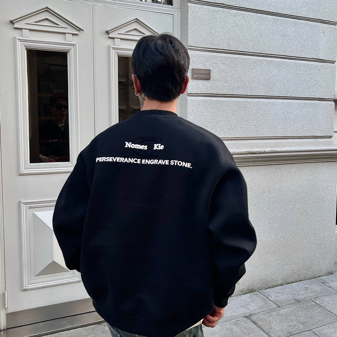 OXFREAK「重工字母刺绣」500g重磅浅灰色卫衣男短款宽松圆领长袖