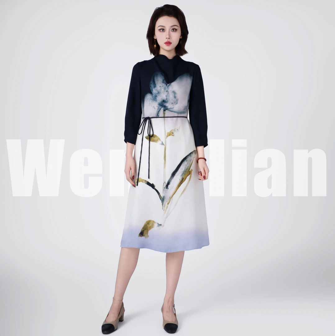 WENSILIAN【墨染兰亭】100%桑蚕丝连衣裙（裙长：112cm）WS12-YB174302