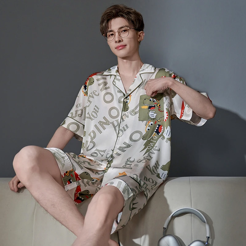 男士睡衣夏季冰丝短袖薄款卡通青少年夏天大码男款宽松家居服套装