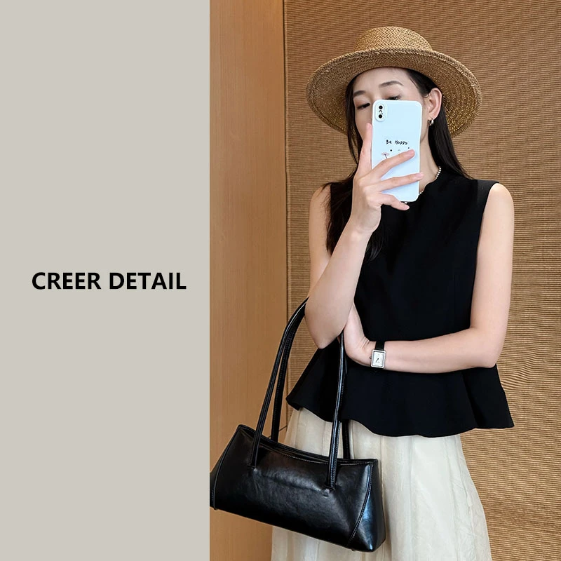 高奢醋酸赫本风显瘦收腰上衣气质风法式背心黑通勤色夏季