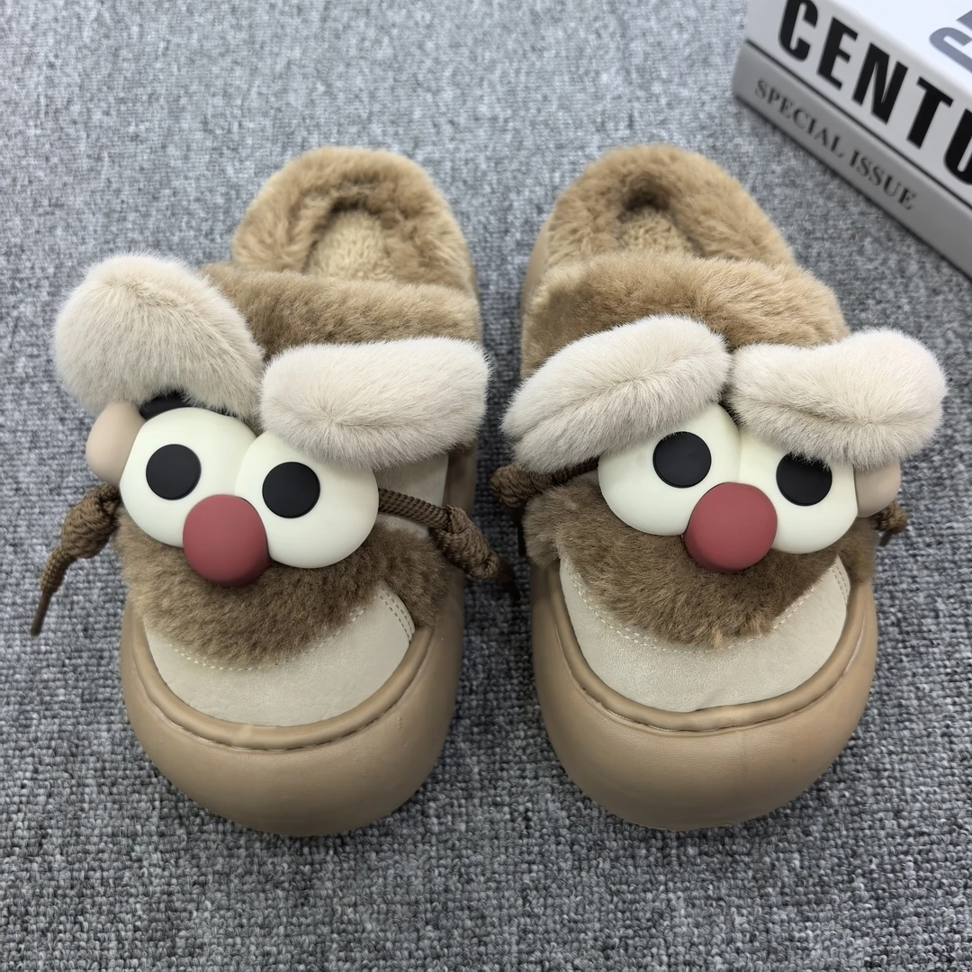 网红卡通大眼睛棉拖鞋女生厚底防滑保暖毛绒外穿半包可爱居家冬季