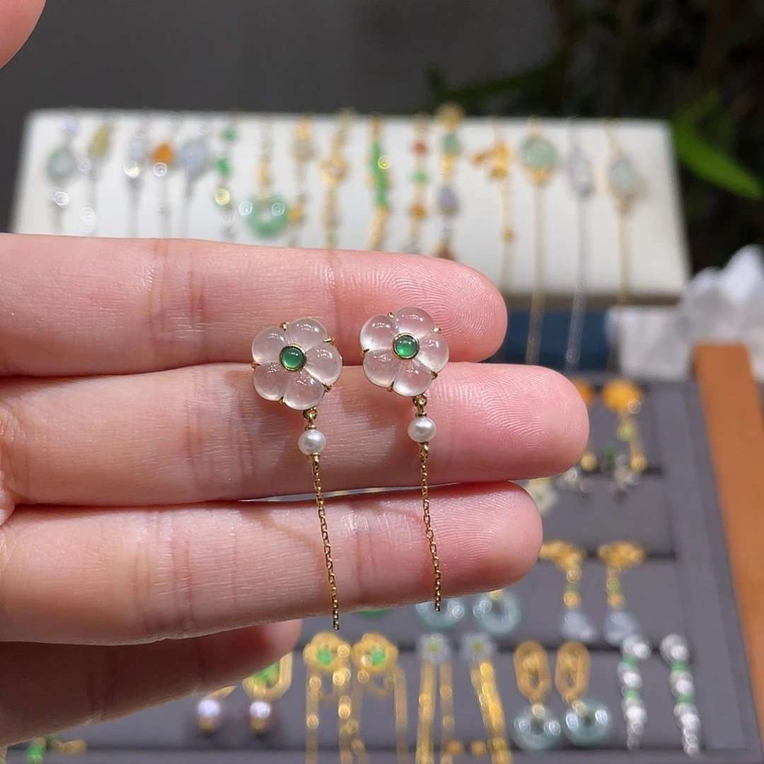 翡翠耳饰18K金镶嵌流苏花花