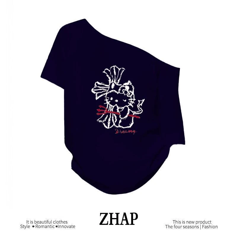 【ZHAP】新款一字肩宽松短袖t恤女藏青色甜辣通勤休闲盐系宽松百搭