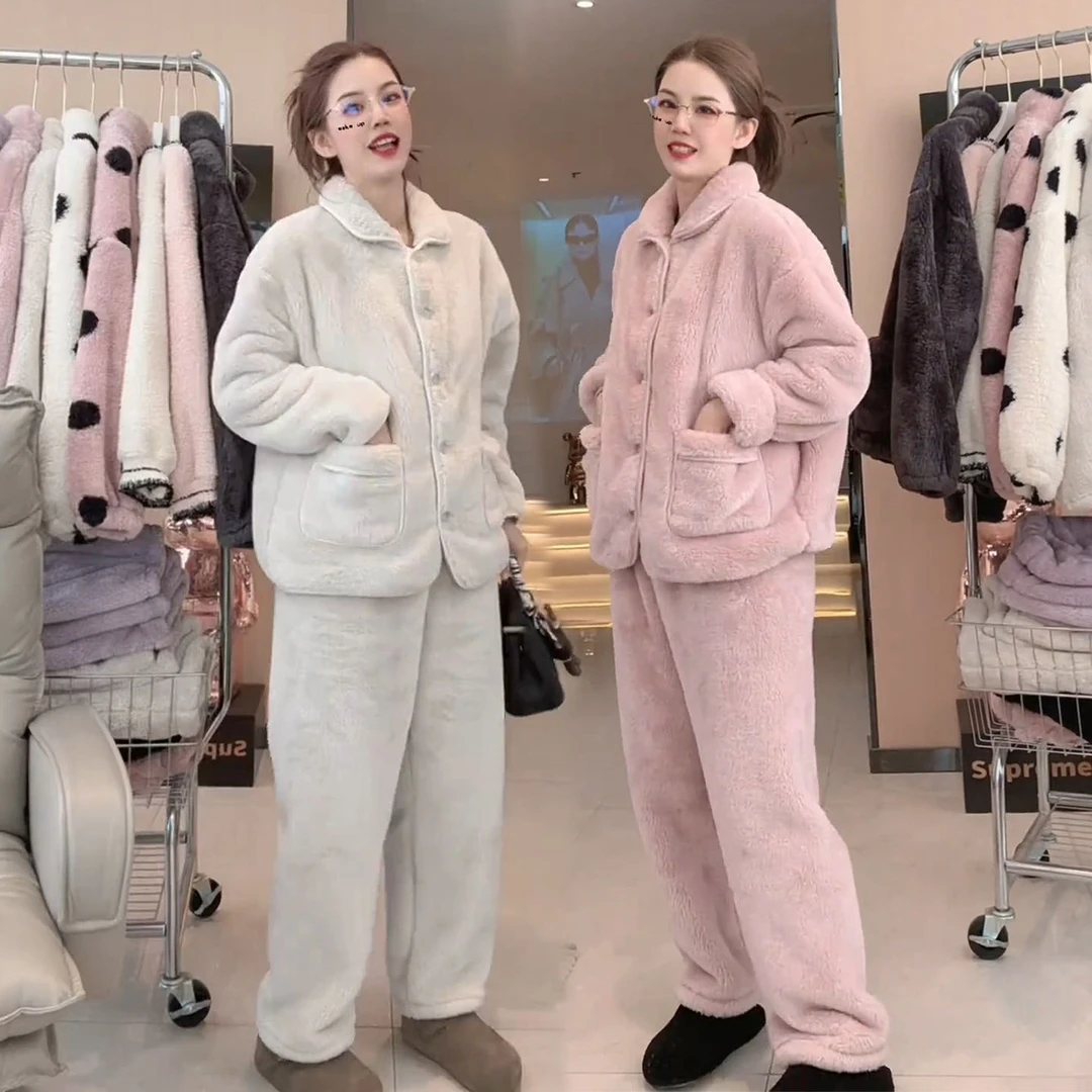 家居服套装女爆款2025秋冬季加绒加厚双面北极绒两件套珊瑚绒睡衣