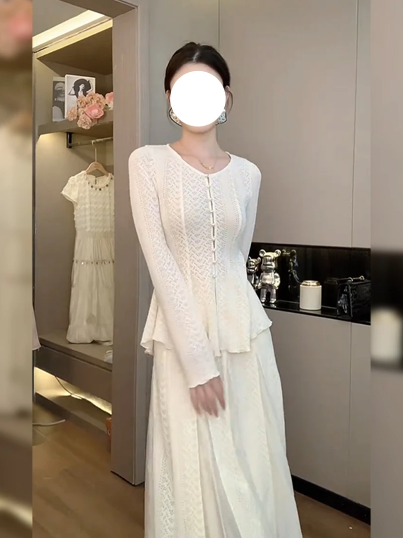 秋装搭配一整套2025新款小香风气质镂空蕾丝修身上衣半裙名媛女装