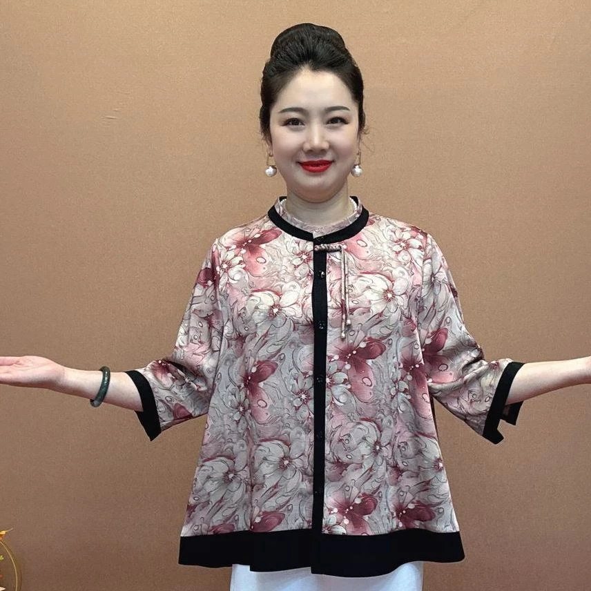 中年妈妈2025新款夏装时尚宽松圆领衬衫中老年人女装衬衣开衫上衣