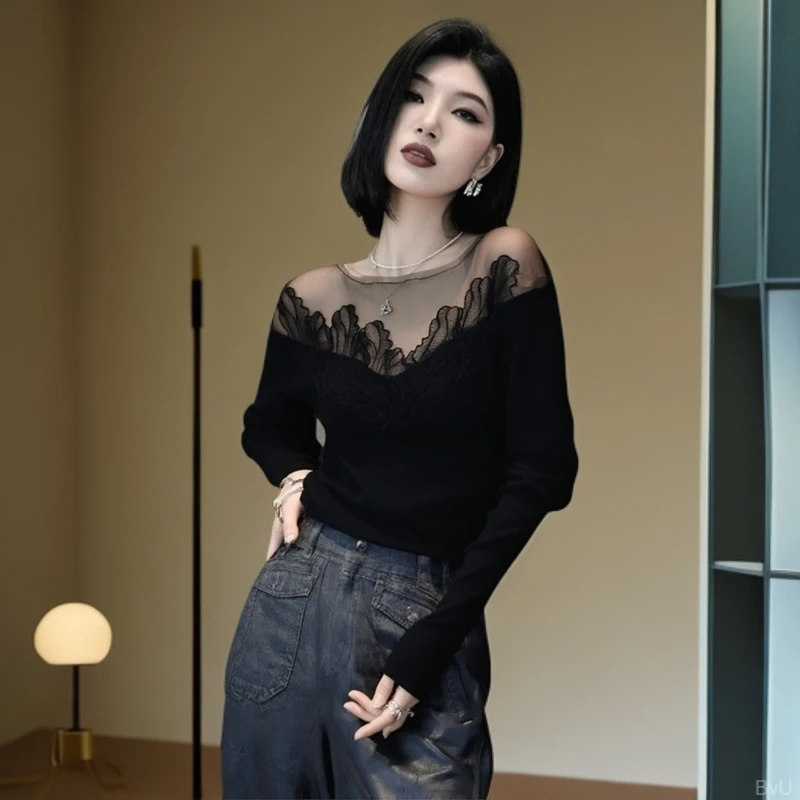 气质早秋黑色上衣系网纱针织衫蕾丝拼接显瘦高级感韩穿搭小众设计