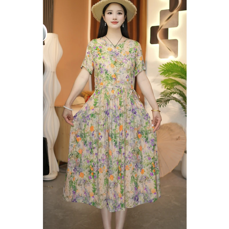 夏季棉绸连衣裙植物花卉连衣裙中长款裙显瘦女装宽松系带裙子