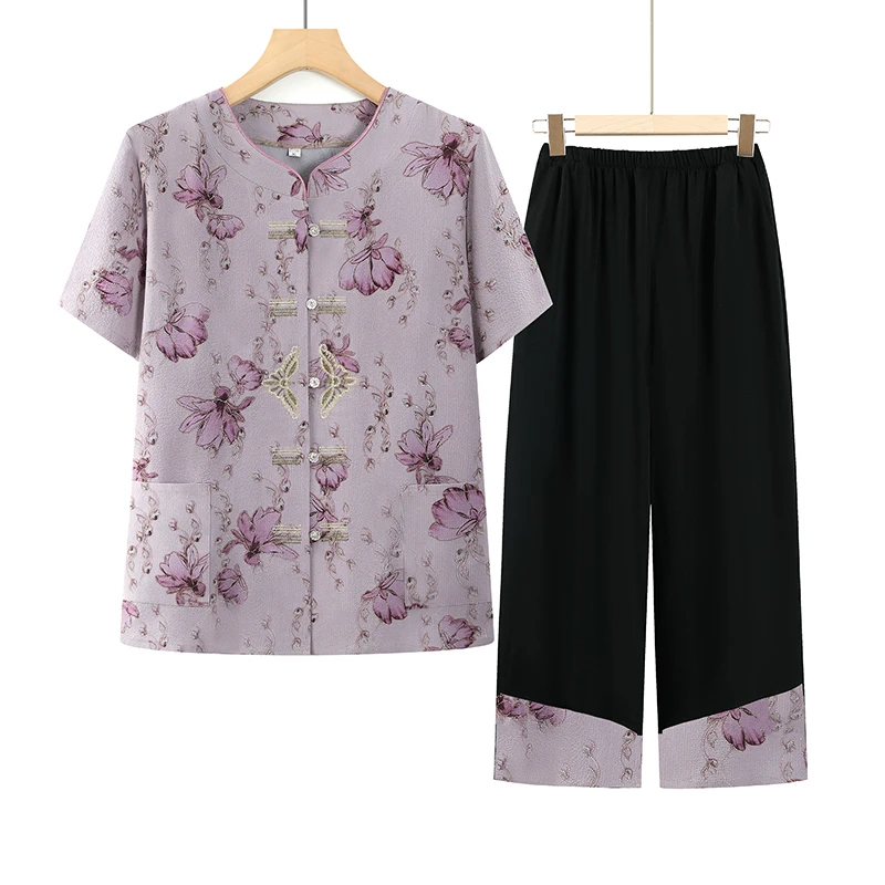 新中式套装两件套中老年人女装国风衬衫奶奶装夏季短袖两件套新款