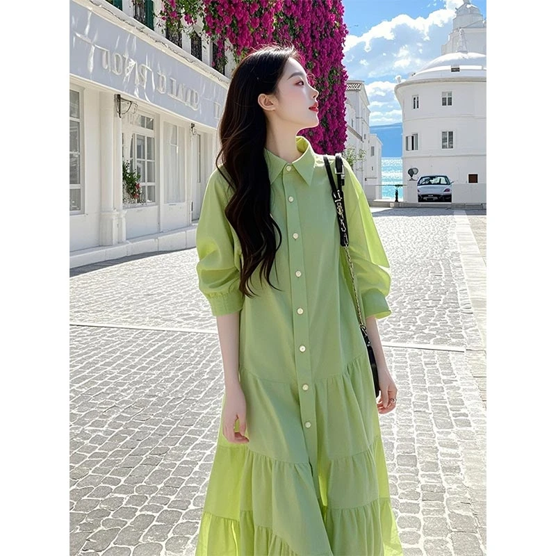 2025春夏新款韩式轻熟风绿色荷叶边连衣裙女多巴胺小众高级感裙子