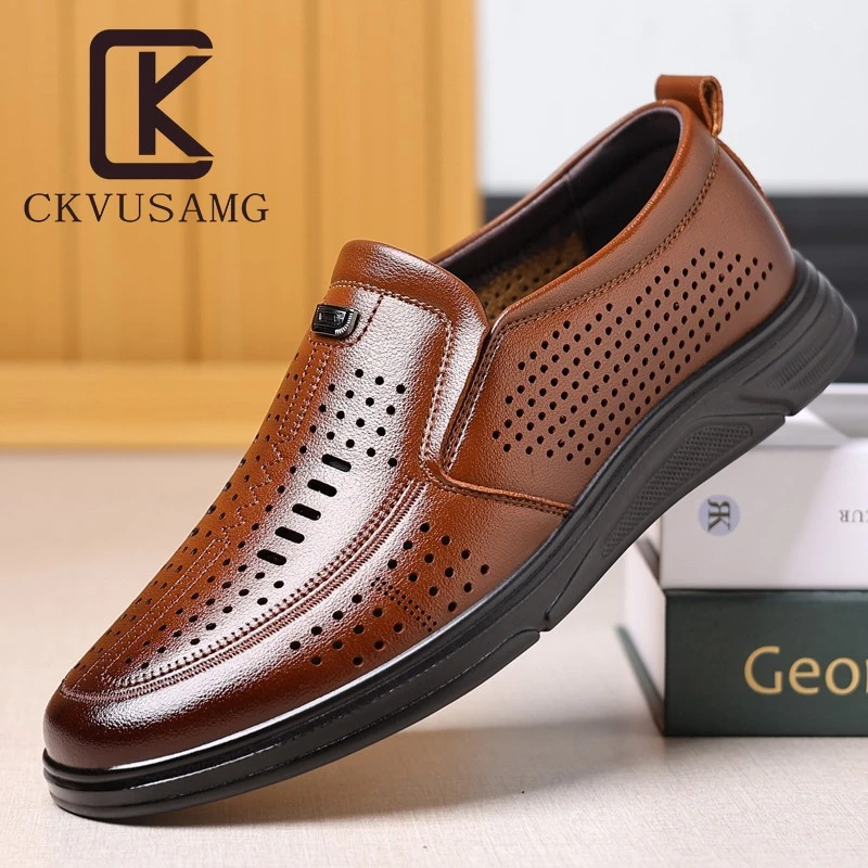 CKVUSAMG2025新款男鞋高端透气洞洞鞋中老年爸爸鞋软底防滑休闲皮