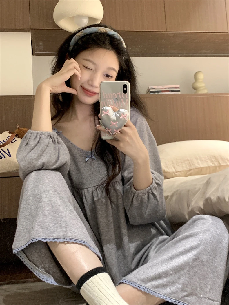 现货-秋冬撞色边德绒睡衣女宽松甜美蕾丝韩版可外穿家居服套装ins