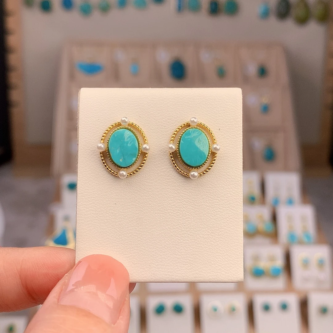 重***F绿松石银S925镶嵌耳饰