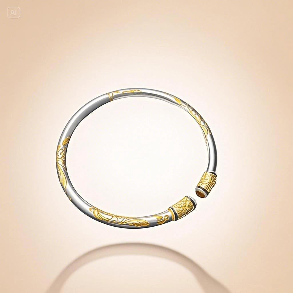 足银手镯 足银手镯 35号 唐草纹描金珐琅彩开口实心足银手镯