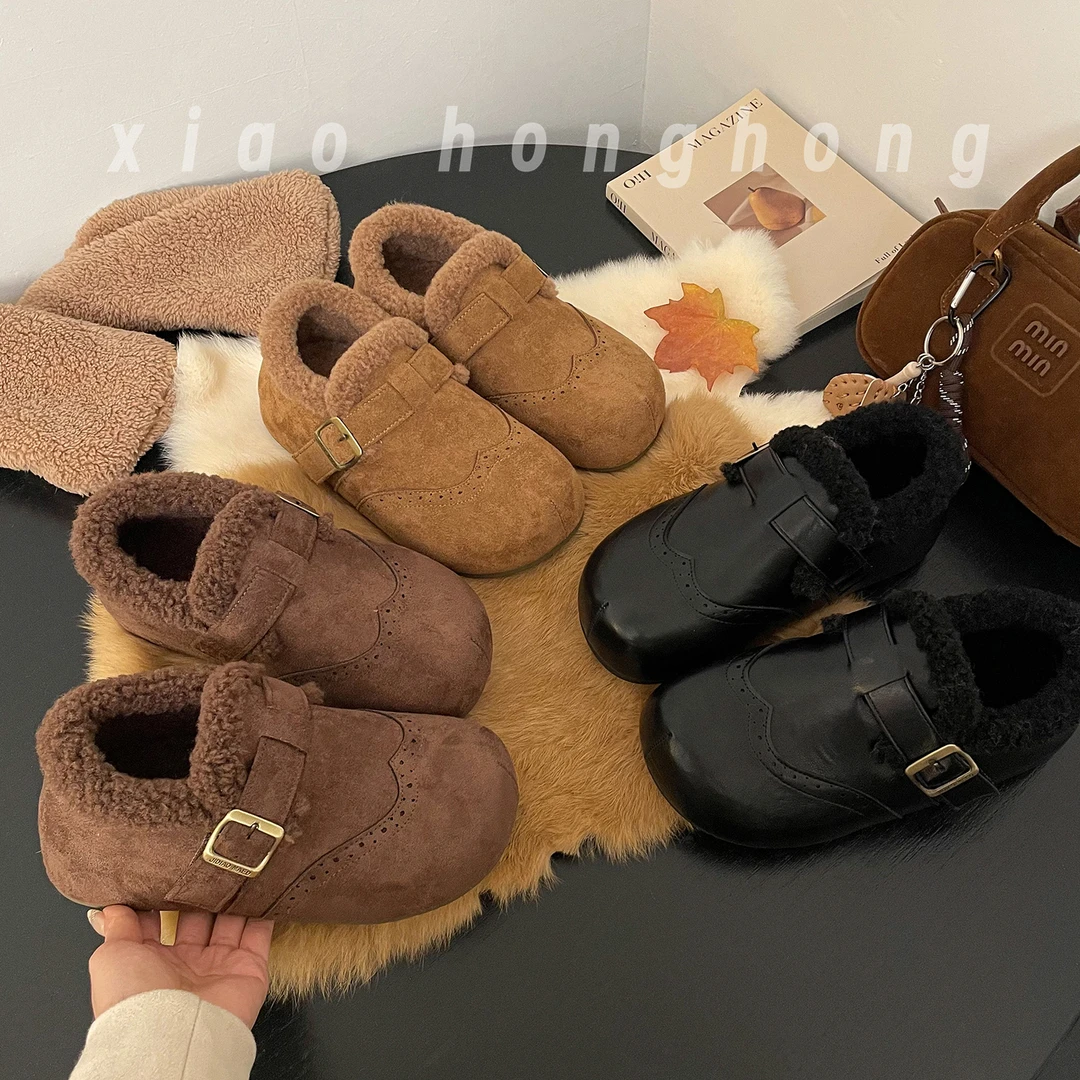 【小红红】厚底5公分加绒保暖一字扣复古勃肯鞋女2025冬季新款棉鞋