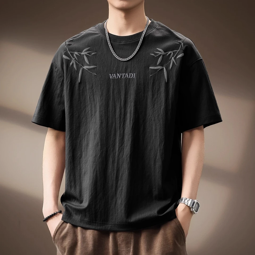 U&PURA高端国风竹叶短袖t恤男士夏季薄款宽松冰丝透气上衣体恤