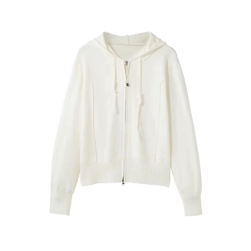 WTT-5272 双拉链连帽针织开衫女时尚休闲羊毛混纺毛衣显瘦薄外套