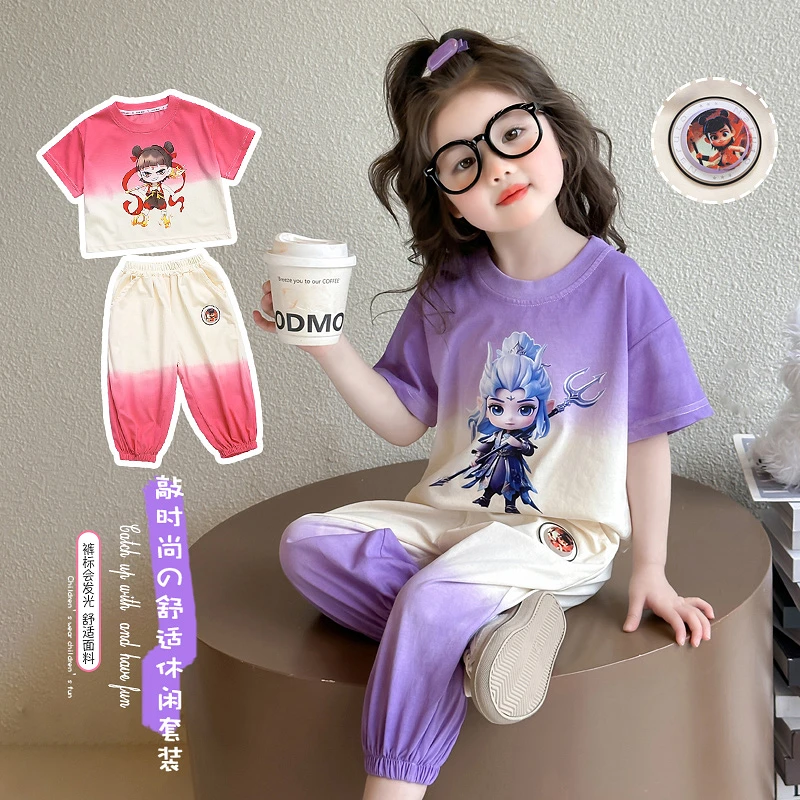 哪吒女童夏装套装2025小女孩洋气夏季卡通短袖渐变运动服两件套