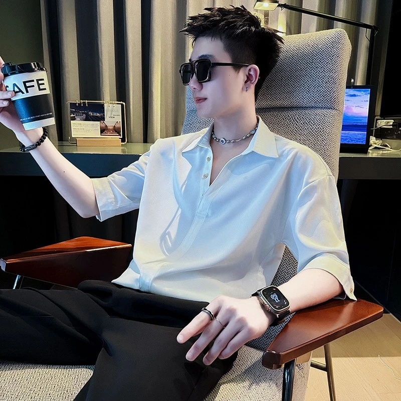 优桓设计感白色衬衫男款夏季潮牌五分袖衬衣2025新款男士冰丝上衣
