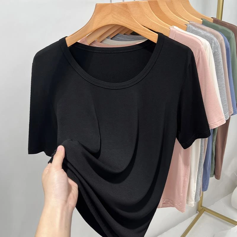 灰色莫代尔短袖t恤女士2025新款夏薄宽松显瘦高级感高端冰丝上衣