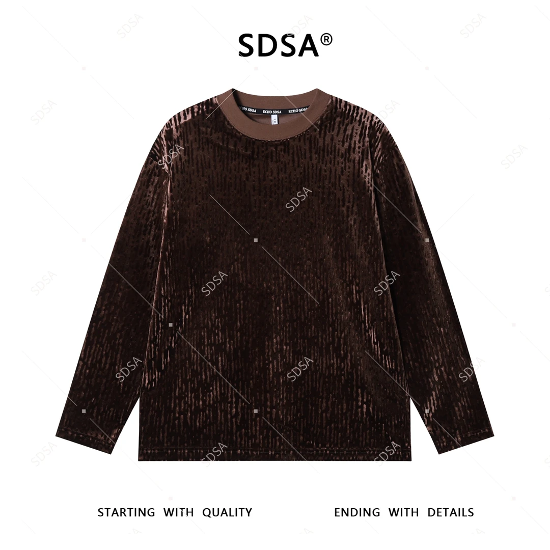 SDSA男士2025新款轻奢痞帅男装美式简约植绒设计圆领长袖T恤潮牌