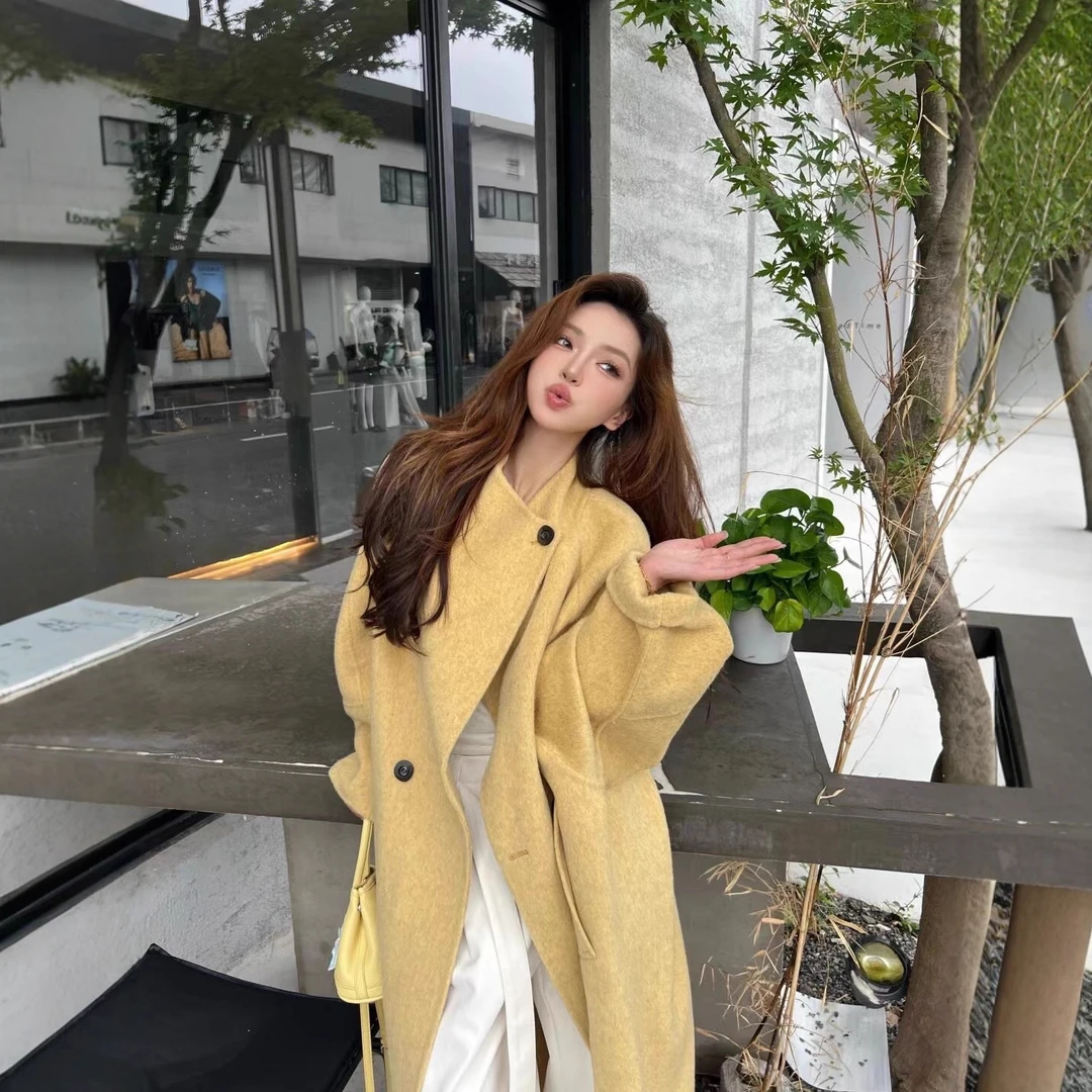大衣女双面羊毛高个子赫本风高级感翻领宽松加长毛呢外套秋冬新款