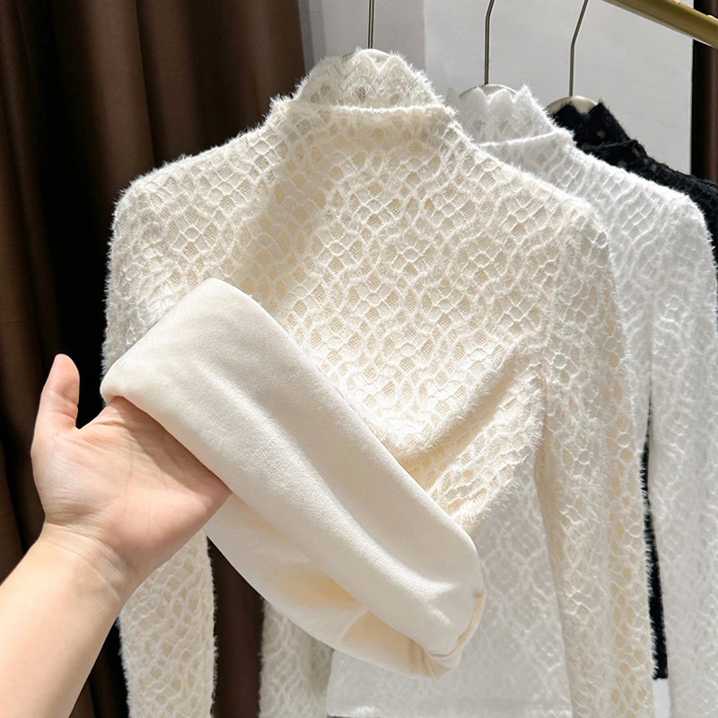 春季加绒保暖花边高领蕾丝衫女2025爆款杏色磨毛内搭长袖百搭上衣