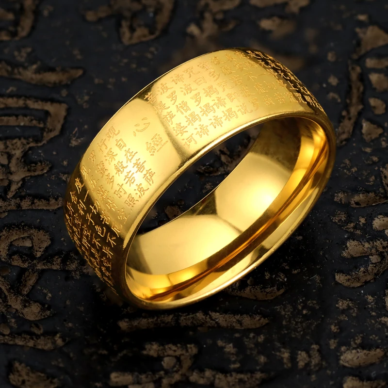 钛钢戒指 般若心经文男士戒指霸气食指光面金色钛钢宽面复古指环