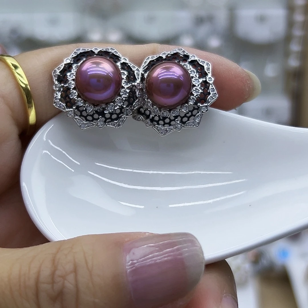 银S925镶嵌耳钉淡水珍珠