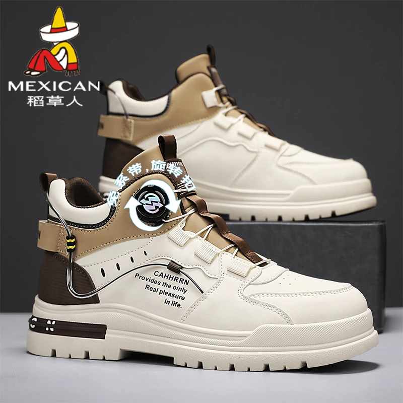 稻草人鞋子男秋冬加绒旋转纽扣休闲鞋工装运动耐磨防滑户外马丁靴