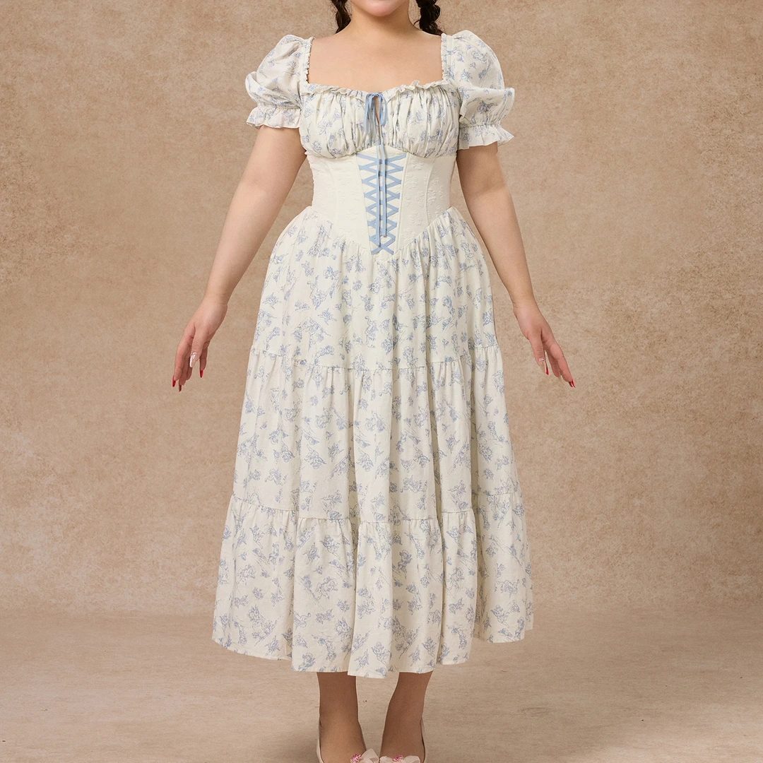 LaceMade大码女装 蓝娃娃 法式公主裙碎花鱼骨收腰通勤连衣裙长款