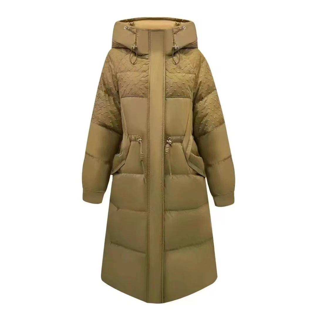 连帽长款肌理感收腰显瘦保暖气质羽绒服U334