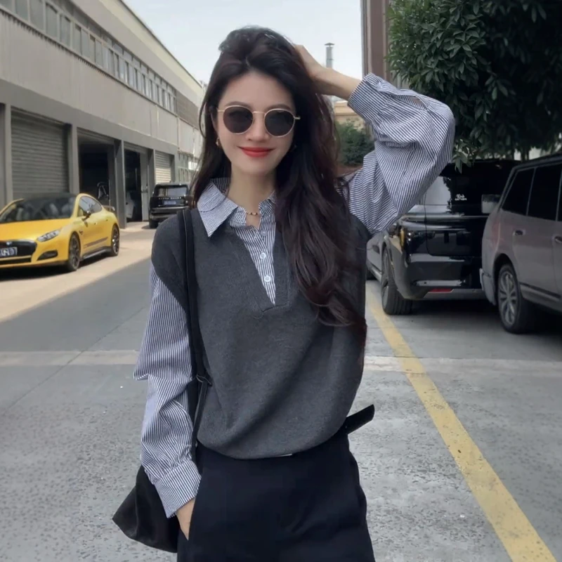 巨好看的早秋季韩系穿搭polo领假两件针织衫女chic别致高级感上衣