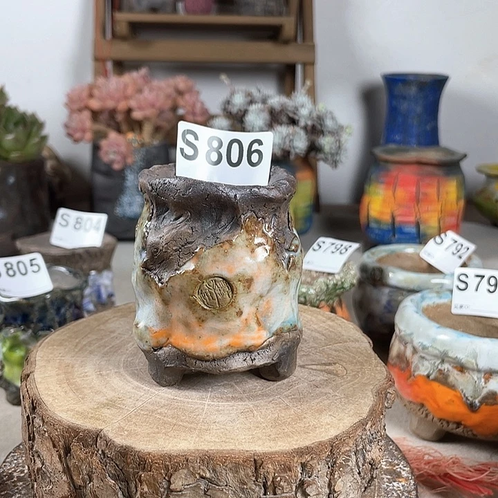 紫砂花盆孤品 不规则油画山石 小老桩 外口6