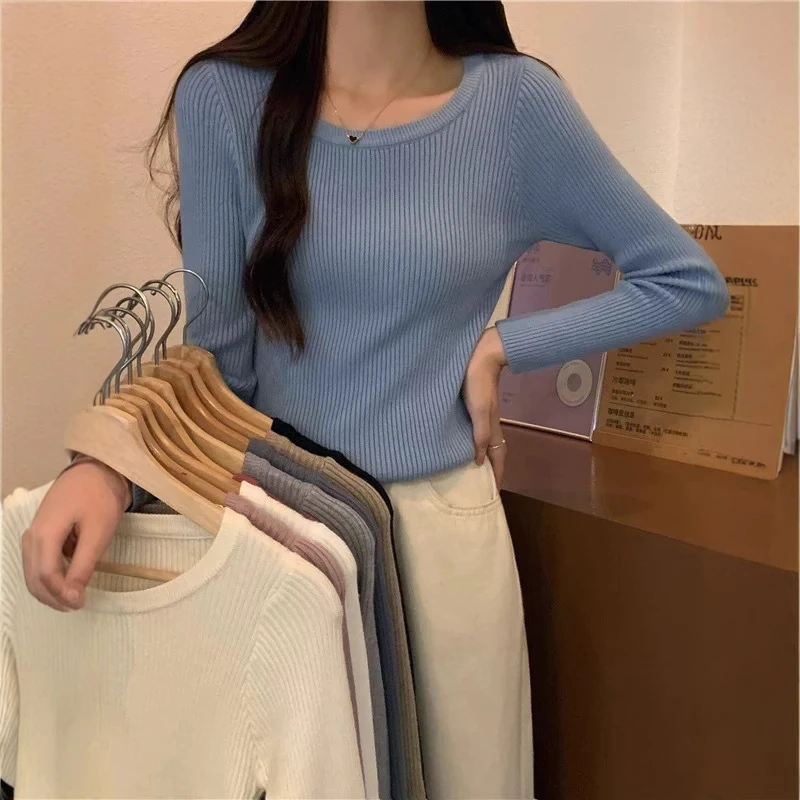 秋冬圆领修身显瘦新款打底针织衫上衣软糯百搭紧身黑色内搭毛衣女