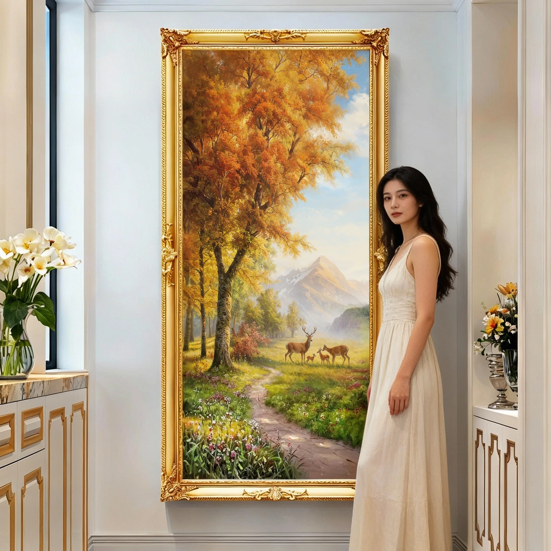 玄关装饰画风景竖版鹿油画欧式走廊壁画现代轻奢简欧壁挂画