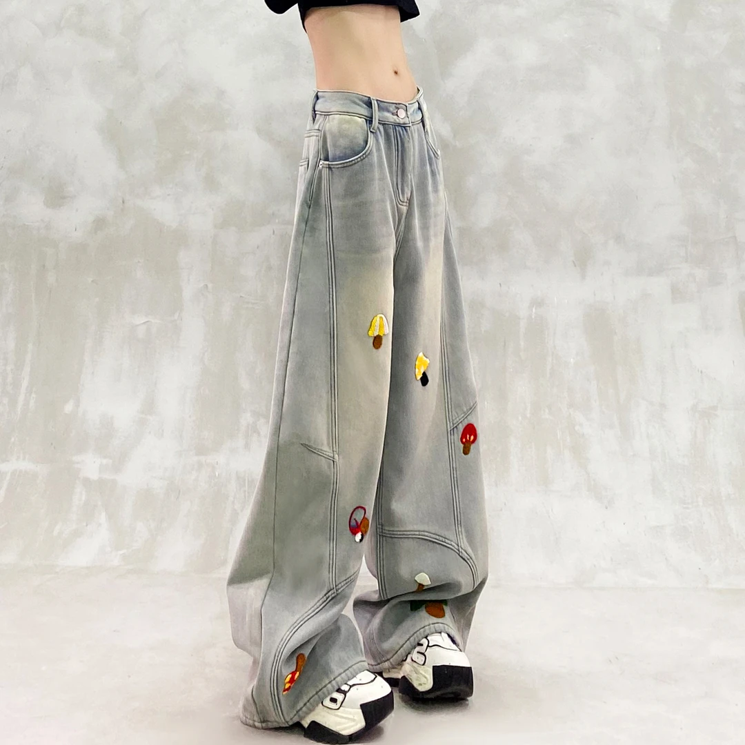 帅气拼接加绒加厚休闲牛仔裤女冬新款高腰宽松显瘦百搭直筒阔腿裤