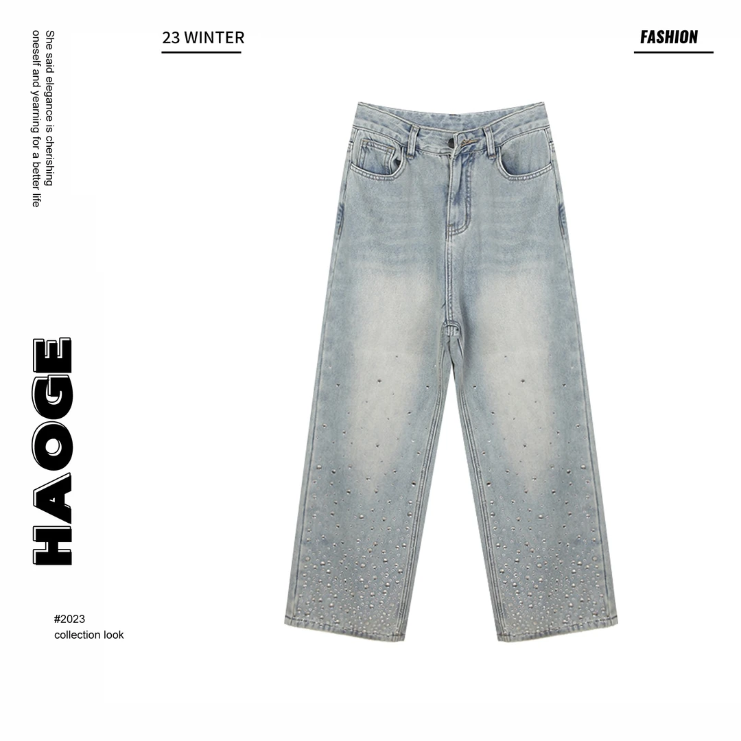 冰冰●D3KZ1580时尚小香风烫钻直筒牛仔裤女莫奈花园风